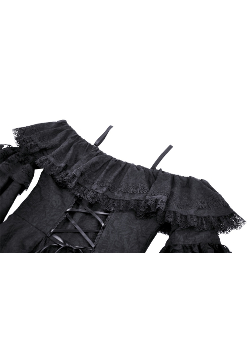 Sexy Black Off The Shoulder Asymmetrical Hem Back Tied Gothic Suspender Princess Sleeve Dress