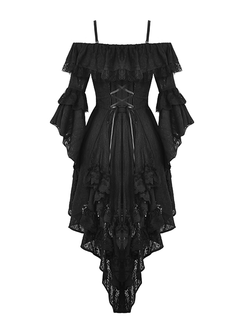 Sexy Black Off The Shoulder Asymmetrical Hem Back Tied Gothic Suspender Princess Sleeve Dress