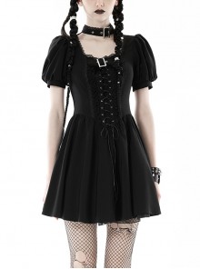 Black Simple Chest Eyelet Tied With Japanese Button And Exquisite Lace Neckline Punk Style Short Sleeved Dress
