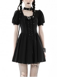 Black Simple Chest Eyelet Tied With Japanese Button And Exquisite Lace Neckline Punk Style Short Sleeved Dress