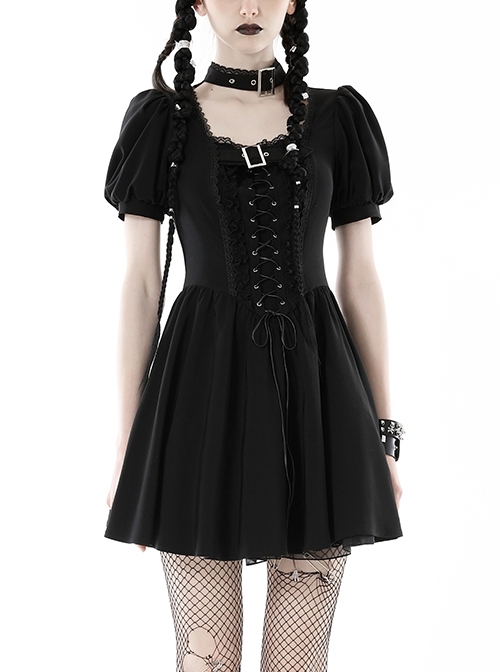 Black Simple Chest Eyelet Tied With Japanese Button And Exquisite Lace Neckline Punk Style Short Sleeved Dress