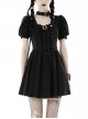 Black Simple Chest Eyelet Tied With Japanese Button And Exquisite Lace Neckline Punk Style Short Sleeved Dress