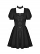 Black Simple Chest Eyelet Tied With Japanese Button And Exquisite Lace Neckline Punk Style Short Sleeved Dress
