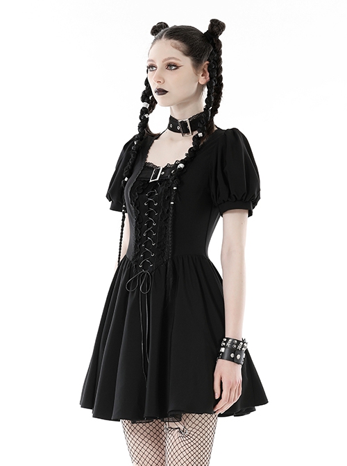 Black Simple Chest Eyelet Tied With Japanese Button And Exquisite Lace Neckline Punk Style Short Sleeved Dress