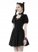 Black Simple Chest Eyelet Tied With Japanese Button And Exquisite Lace Neckline Punk Style Short Sleeved Dress