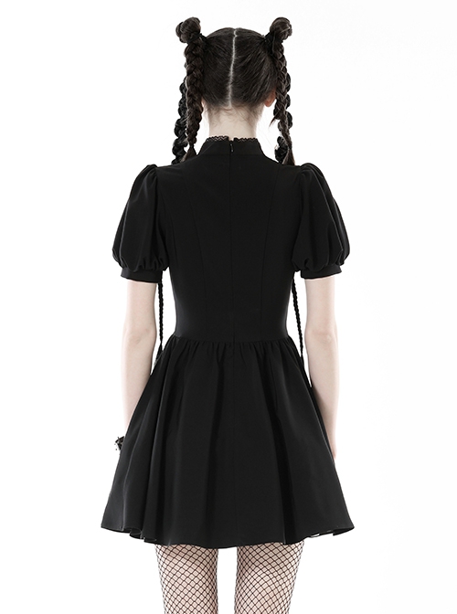 Black Simple Chest Eyelet Tied With Japanese Button And Exquisite Lace Neckline Punk Style Short Sleeved Dress