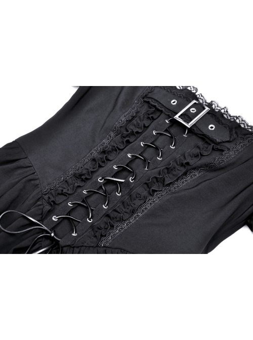 Black Simple Chest Eyelet Tied With Japanese Button And Exquisite Lace Neckline Punk Style Short Sleeved Dress