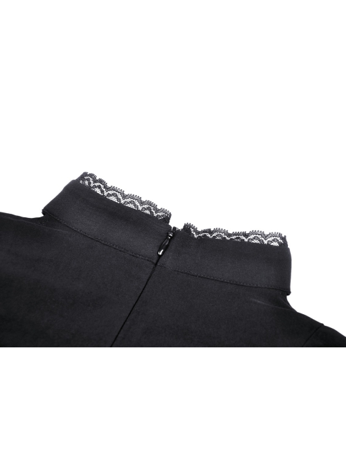 Black Simple Chest Eyelet Tied With Japanese Button And Exquisite Lace Neckline Punk Style Short Sleeved Dress