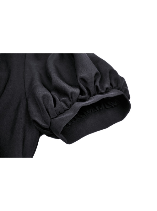 Black Simple Chest Eyelet Tied With Japanese Button And Exquisite Lace Neckline Punk Style Short Sleeved Dress