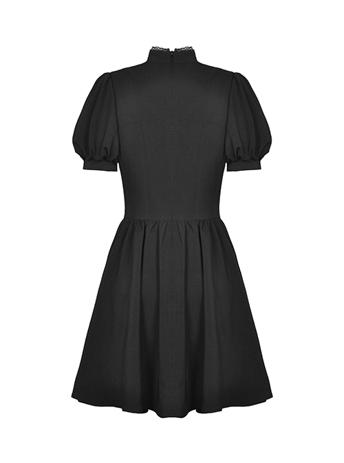 Black Simple Chest Eyelet Tied With Japanese Button And Exquisite Lace Neckline Punk Style Short Sleeved Dress
