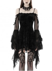 Sexy Black Velvet Patchwork Mesh Trumpet Long Sleeved Gothic Off The Shoulder Dress