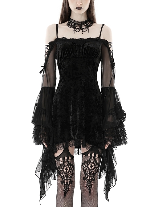 Sexy Black Velvet Patchwork Mesh Trumpet Long Sleeved Gothic Off The Shoulder Dress