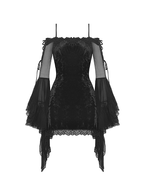 Sexy Black Velvet Patchwork Mesh Trumpet Long Sleeved Gothic Off The Shoulder Dress