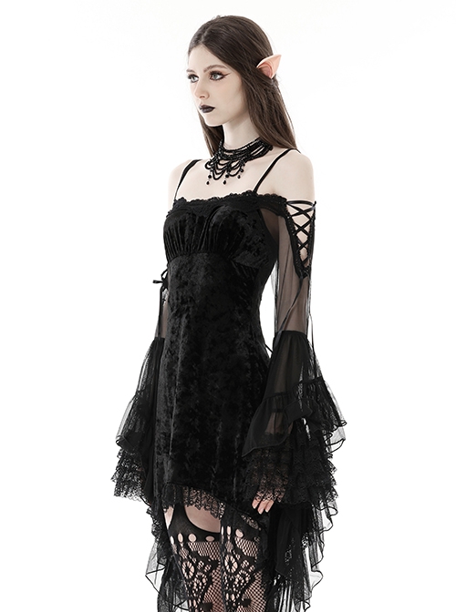 Sexy Black Velvet Patchwork Mesh Trumpet Long Sleeved Gothic Off The Shoulder Dress