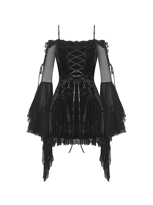 Sexy Black Velvet Patchwork Mesh Trumpet Long Sleeved Gothic Off The Shoulder Dress