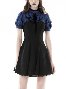 Black And Blue Woven Striped Ruffle Collar Punk Style Short Sleeved Dress