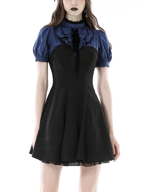 Black And Blue Woven Striped Ruffle Collar Punk Style Short Sleeved Dress