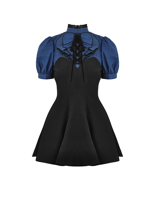 Black And Blue Woven Striped Ruffle Collar Punk Style Short Sleeved Dress