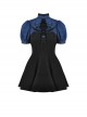 Black And Blue Woven Striped Ruffle Collar Punk Style Short Sleeved Dress