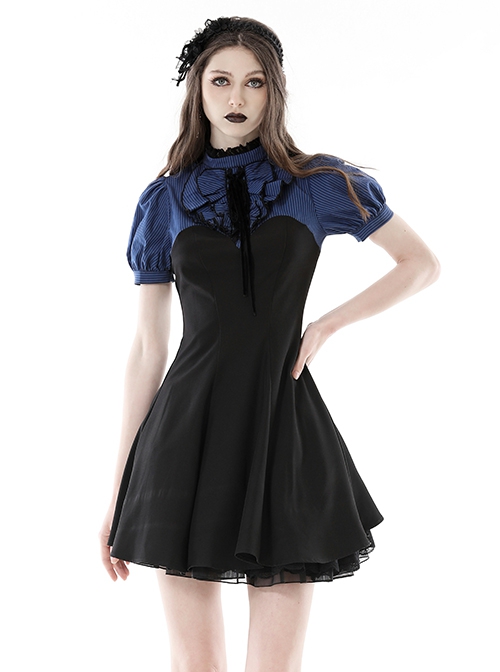 Black And Blue Woven Striped Ruffle Collar Punk Style Short Sleeved Dress