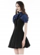 Black And Blue Woven Striped Ruffle Collar Punk Style Short Sleeved Dress