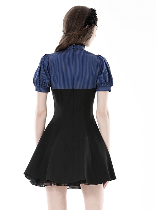 Black And Blue Woven Striped Ruffle Collar Punk Style Short Sleeved Dress