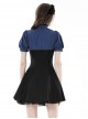 Black And Blue Woven Striped Ruffle Collar Punk Style Short Sleeved Dress