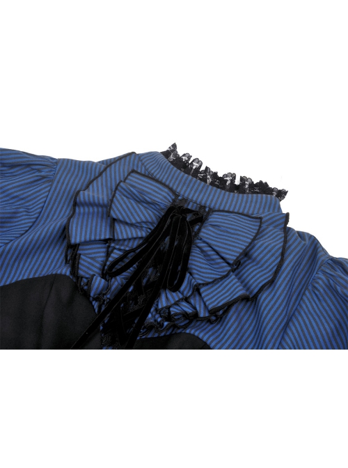 Black And Blue Woven Striped Ruffle Collar Punk Style Short Sleeved Dress