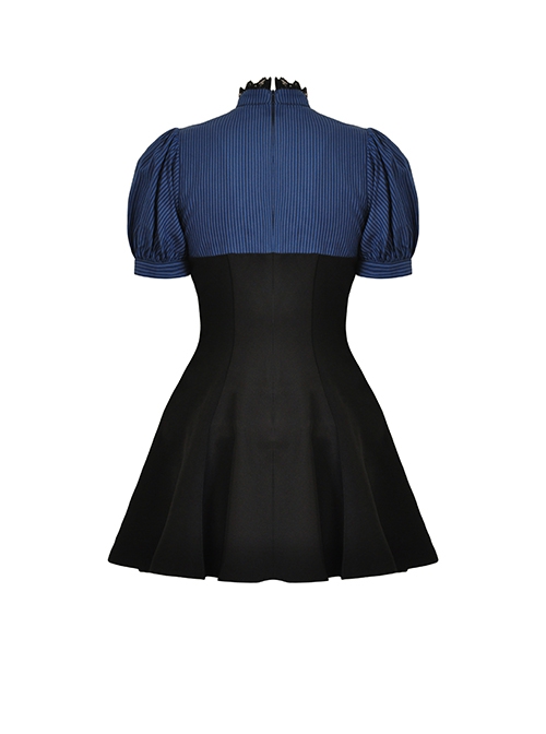 Black And Blue Woven Striped Ruffle Collar Punk Style Short Sleeved Dress