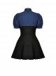 Black And Blue Woven Striped Ruffle Collar Punk Style Short Sleeved Dress