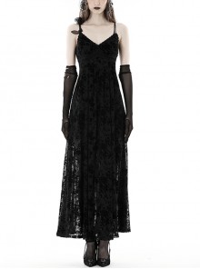 Sexy Black Slightly See Through Rose Print Flocked Gothic Suspender Dress