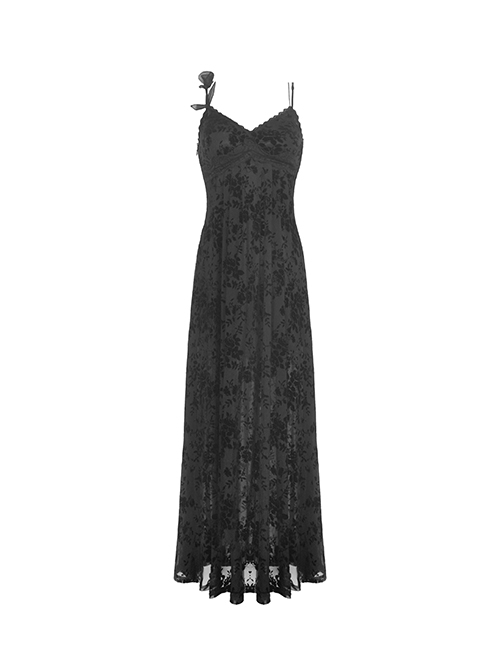 Sexy Black Slightly See Through Rose Print Flocked Gothic Suspender Dress