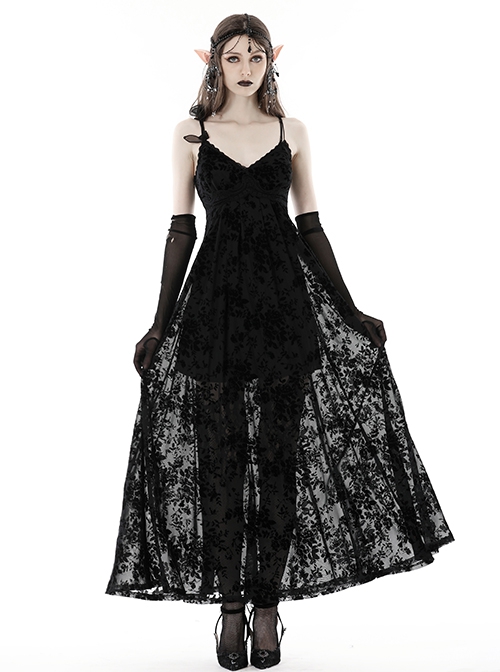 Sexy Black Slightly See Through Rose Print Flocked Gothic Suspender Dress