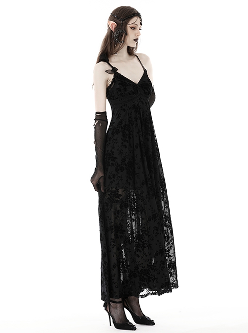 Sexy Black Slightly See Through Rose Print Flocked Gothic Suspender Dress