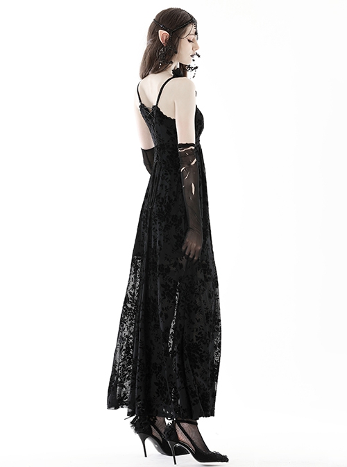 Sexy Black Slightly See Through Rose Print Flocked Gothic Suspender Dress