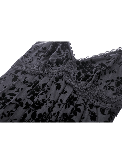 Sexy Black Slightly See Through Rose Print Flocked Gothic Suspender Dress