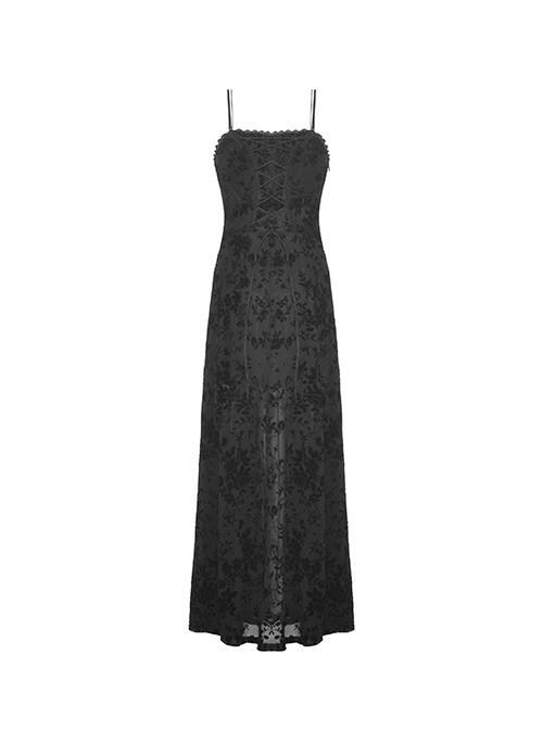 Sexy Black Slightly See Through Rose Print Flocked Gothic Suspender Dress