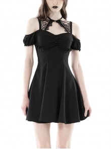 Simple Black Sexy Off Shoulder Personalized Cross Tie Punk Style Off Shoulder Short Sleeved Dress