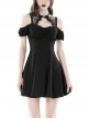 Simple Black Sexy Off Shoulder Personalized Cross Tie Punk Style Off Shoulder Short Sleeved Dress