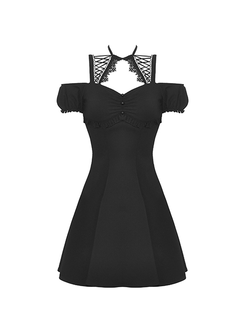 Simple Black Sexy Off Shoulder Personalized Cross Tie Punk Style Off Shoulder Short Sleeved Dress
