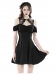 Simple Black Sexy Off Shoulder Personalized Cross Tie Punk Style Off Shoulder Short Sleeved Dress