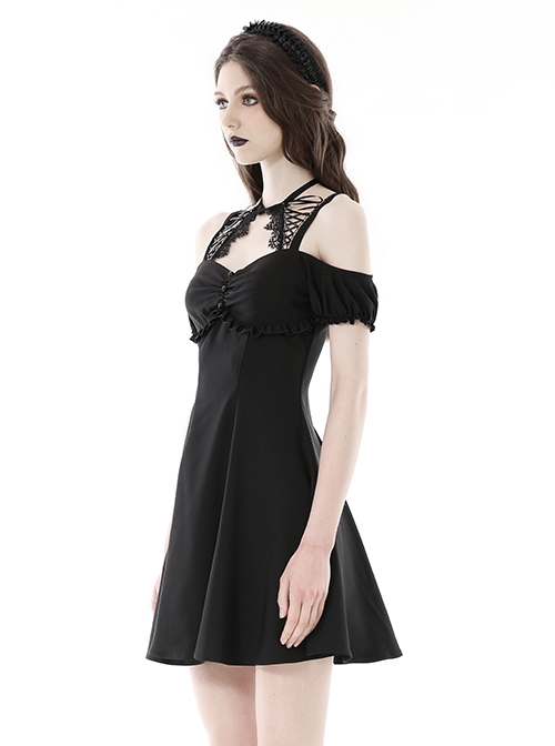 Simple Black Sexy Off Shoulder Personalized Cross Tie Punk Style Off Shoulder Short Sleeved Dress
