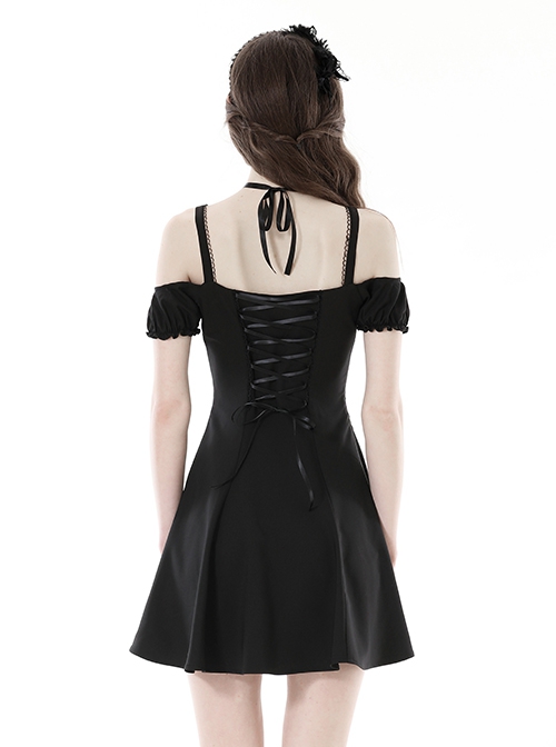 Simple Black Sexy Off Shoulder Personalized Cross Tie Punk Style Off Shoulder Short Sleeved Dress