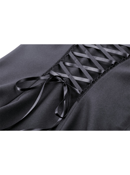 Simple Black Sexy Off Shoulder Personalized Cross Tie Punk Style Off Shoulder Short Sleeved Dress