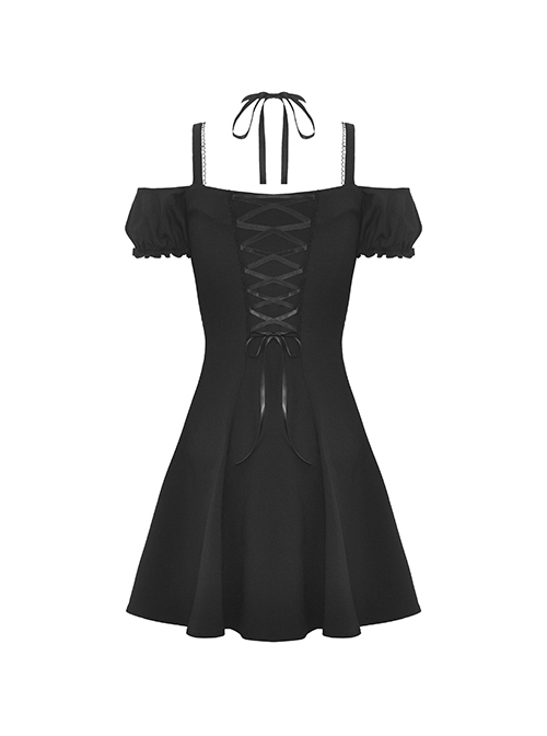 Simple Black Sexy Off Shoulder Personalized Cross Tie Punk Style Off Shoulder Short Sleeved Dress