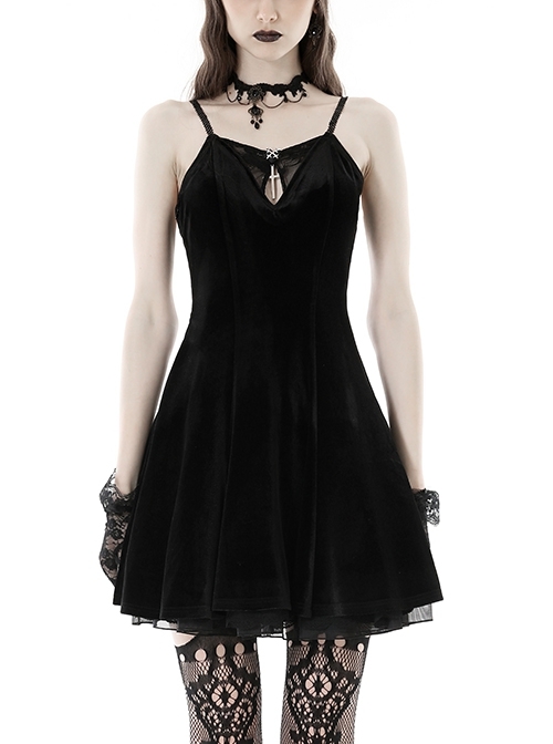 Sexy Black Velvet With Bat Embroidery Pattern On The Back Gothic Suspender Dress
