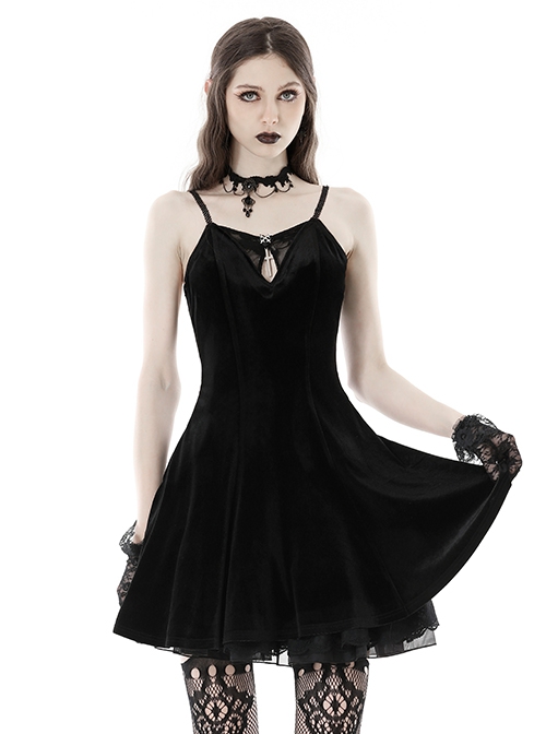Sexy Black Velvet With Bat Embroidery Pattern On The Back Gothic Suspender Dress