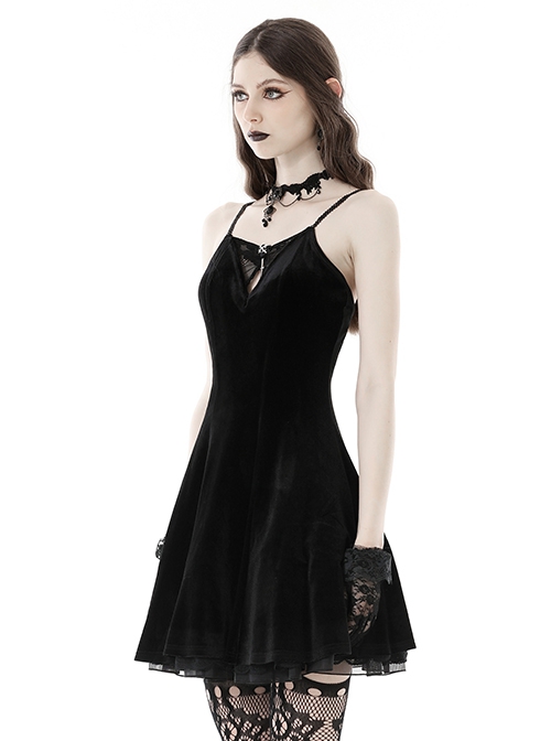 Sexy Black Velvet With Bat Embroidery Pattern On The Back Gothic Suspender Dress
