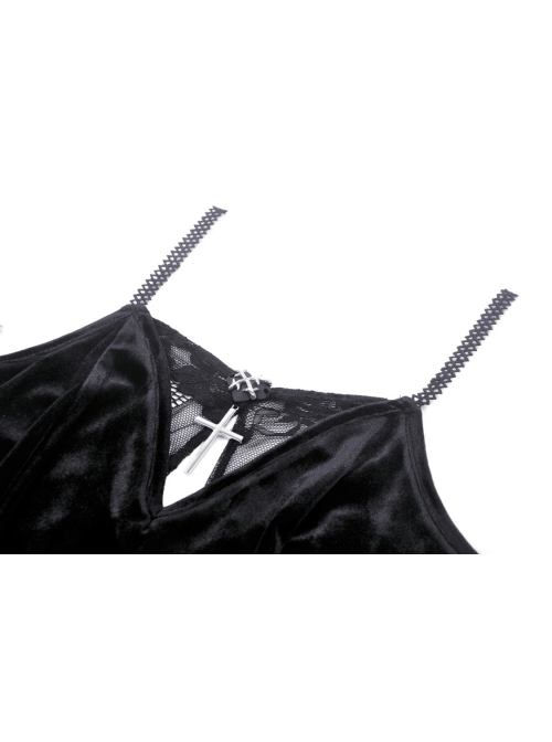 Sexy Black Velvet With Bat Embroidery Pattern On The Back Gothic Suspender Dress