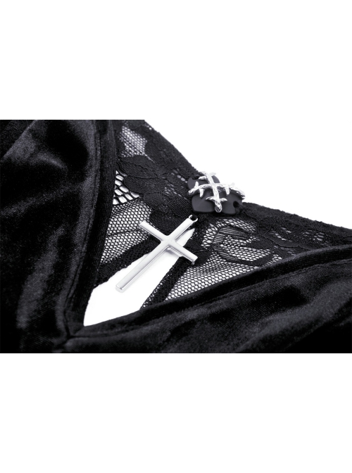 Sexy Black Velvet With Bat Embroidery Pattern On The Back Gothic Suspender Dress